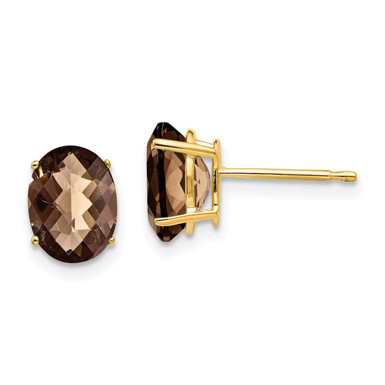 14k 8x6mm Oval Checker-Cut Smoky Quartz Post Earrings