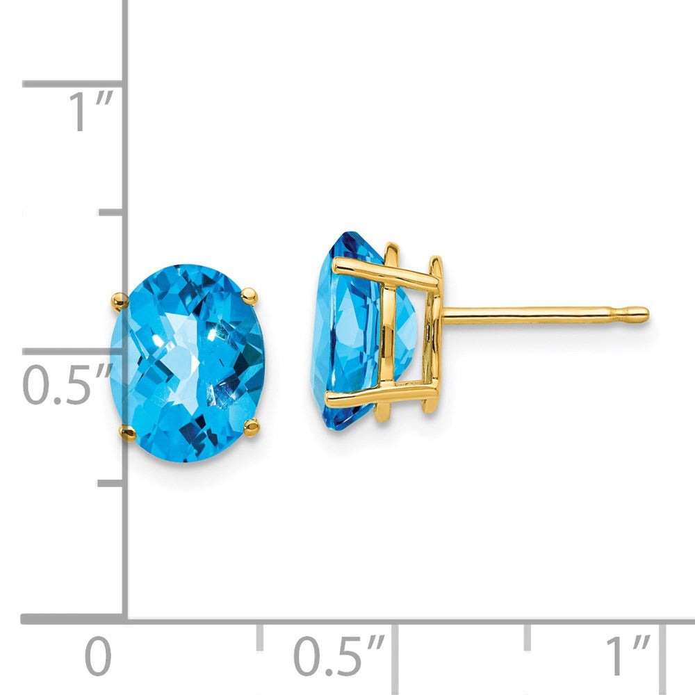 14k 9x7mm Oval Checker-cut Blue Topaz Post Earrings