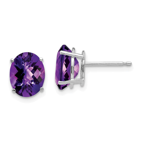 14k White Gold 9x7mm Oval Checker-cut Amethyst Post Earrings