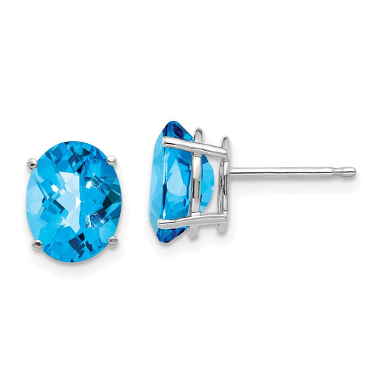 14k White Gold 9x7mm Oval Checker-cut Blue Topaz Post Earrings