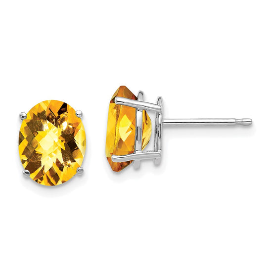 14k White Gold 9x7mm Oval Checker-cut Citrine Post Earrings
