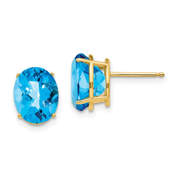 14k 10x8mm Oval Checker-cut Blue Topaz Post Earrings