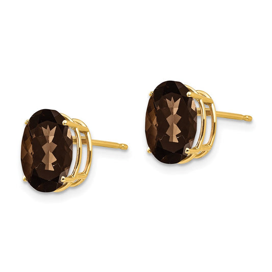 14k 10x8mm Oval Checker-Cut Smoky Quartz Post Earrings