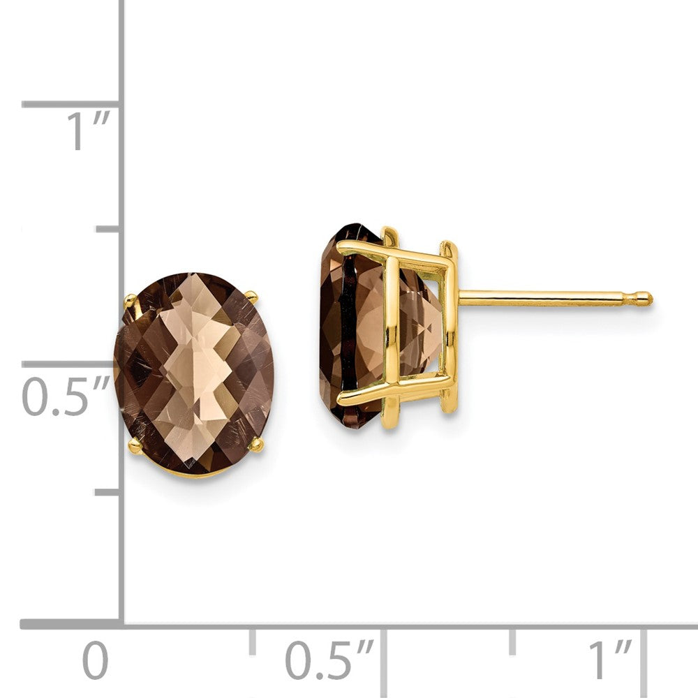 14k 10x8mm Oval Checker-Cut Smoky Quartz Post Earrings