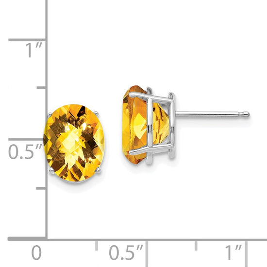 14k White Gold 10x8mm Oval Checker-cut Citrine Post Earrings