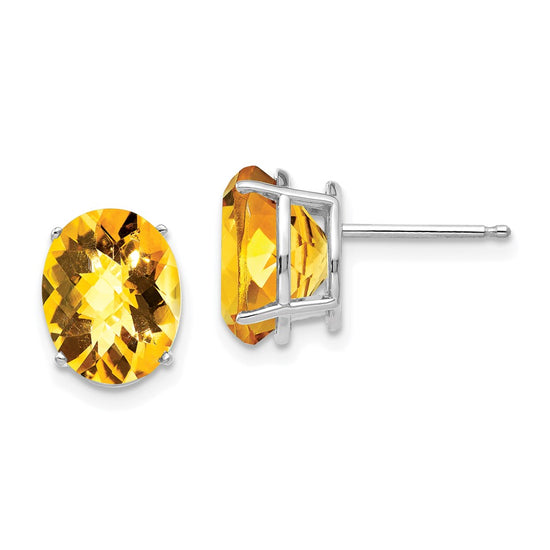 14k White Gold 10x8mm Oval Checker-cut Citrine Post Earrings