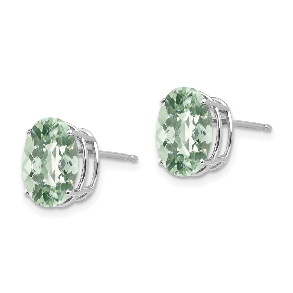 14k White Gold 10x8mm Oval Checker-Cut Green Quartz Post Earrings