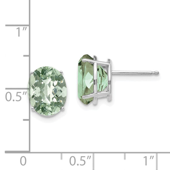 14k White Gold 10x8mm Oval Checker-Cut Green Quartz Post Earrings