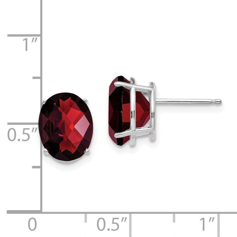 14k White Gold 10x8mm Oval Checker-cut Garnet Post Earrings