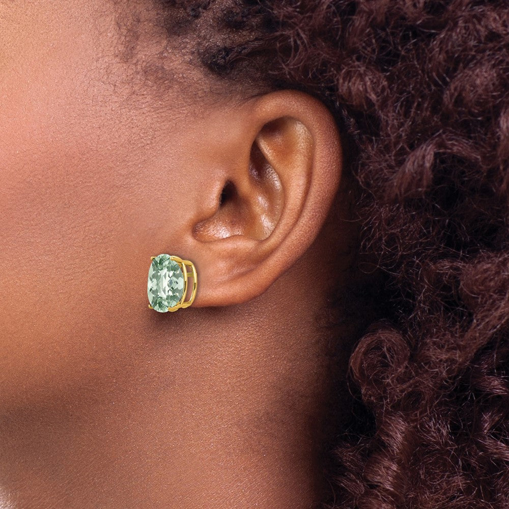 14k 12x10mm Oval Checker-Cut Green Quartz Post Earrings