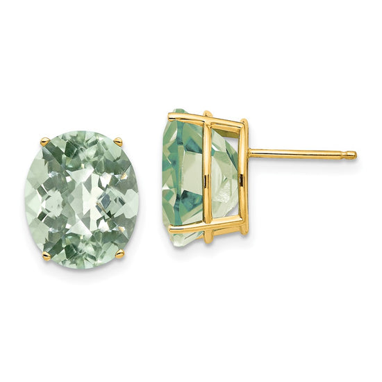 14k 12x10mm Oval Checker-Cut Green Quartz Post Earrings