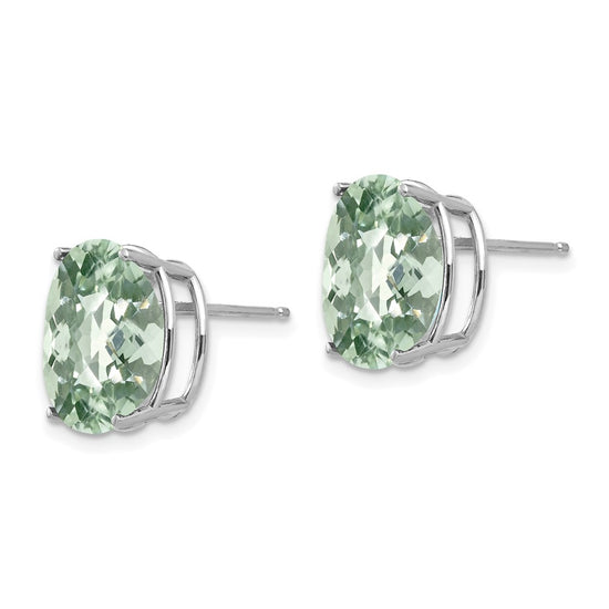 14k White Gold 12x10mm Oval Checker-Cut Green Quartz Post Earrings