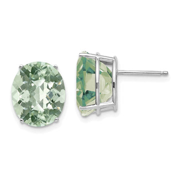 14k White Gold 12x10mm Oval Checker-Cut Green Quartz Post Earrings