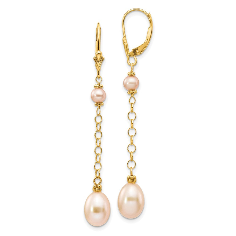 14k 5-8mm Pink Rice and Semi-Round Freshwater Cultured Pearl Chain Dangle Leverback Earrings