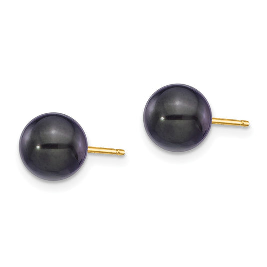 14k 7-8mm Black Round Akoya Saltwater Cultured Pearl Post Earrings