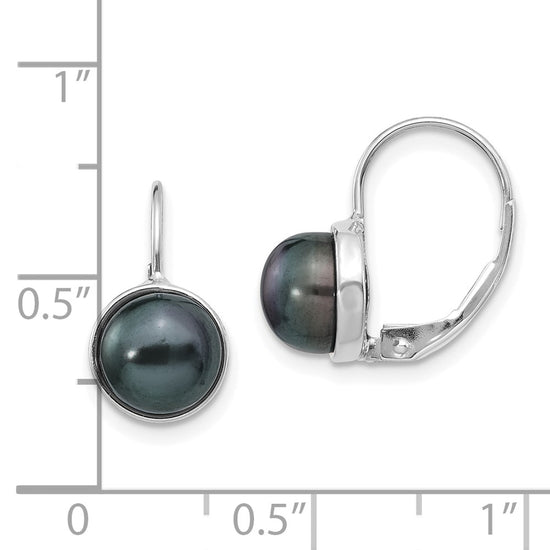 14k White Gold 6-7mm Black Button Freshwater Cultured Pearl Leverback Earrings
