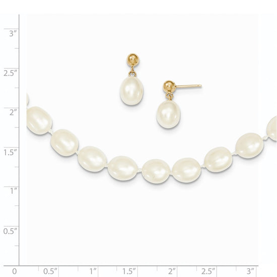 14k 7-8mm White Rice Freshwater Cultured Pearl 18 inch Necklace and Post Earring Set