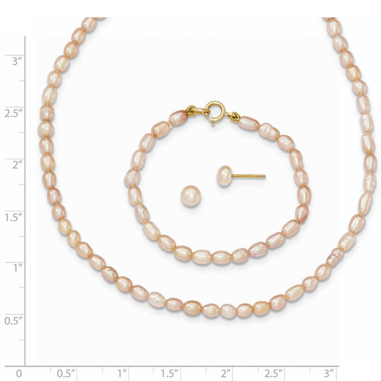 14k 3-5mm Semi-Round Pink Freshwater Cultured Pearl 12 inch Necklace / 5 inch Bracelet / Post Earrings 3-piece Set