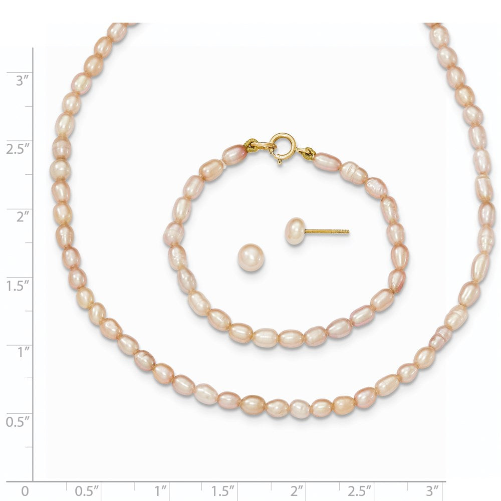14k 3-5mm Semi-Round Pink Freshwater Cultured Pearl 12 inch Necklace / 5 inch Bracelet / Post Earrings 3-piece Set