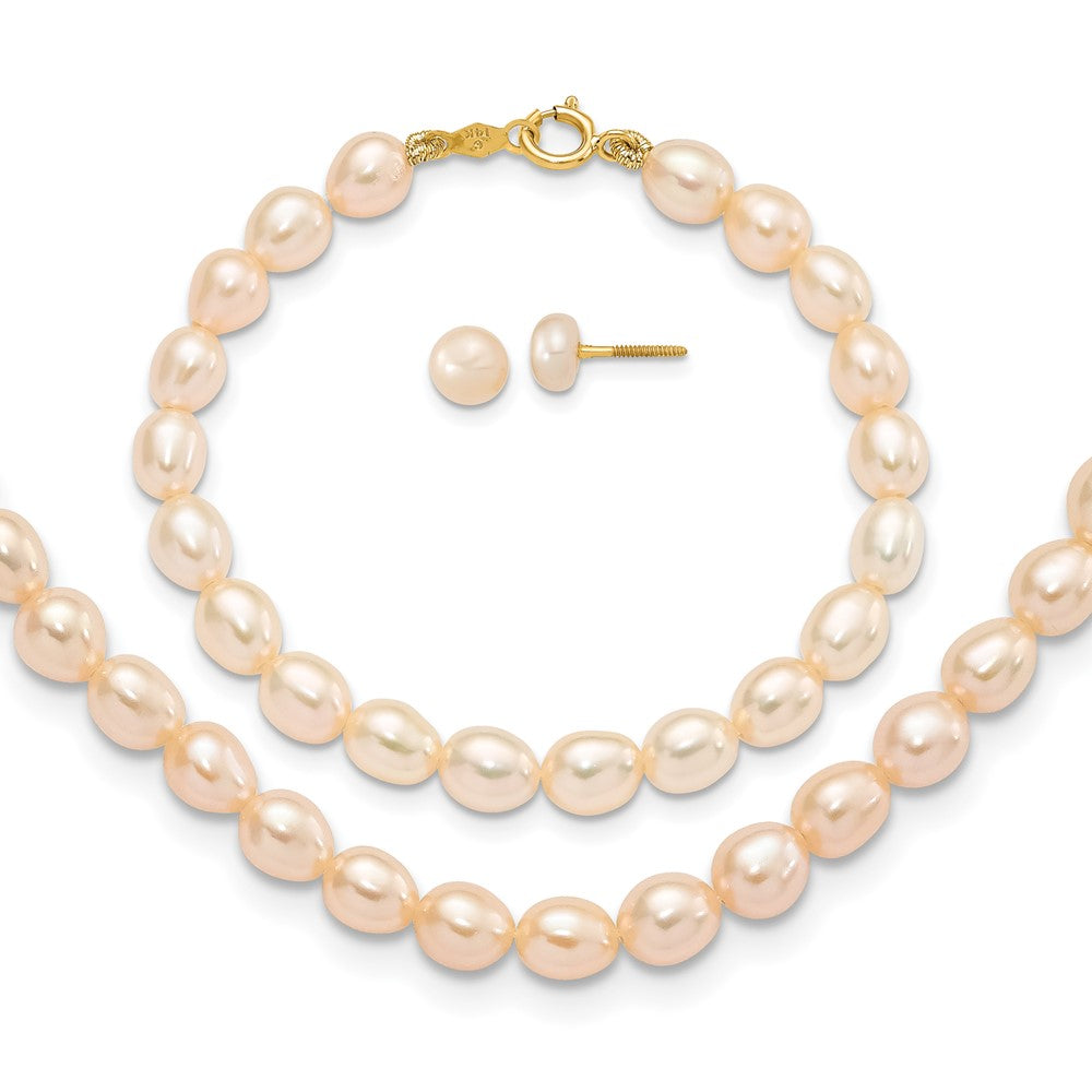 14k 3-5mm Semi-Round Pink Freshwater Cultured Pearl 12 inch Necklace / 5 inch Bracelet / Post Earrings 3-piece Set