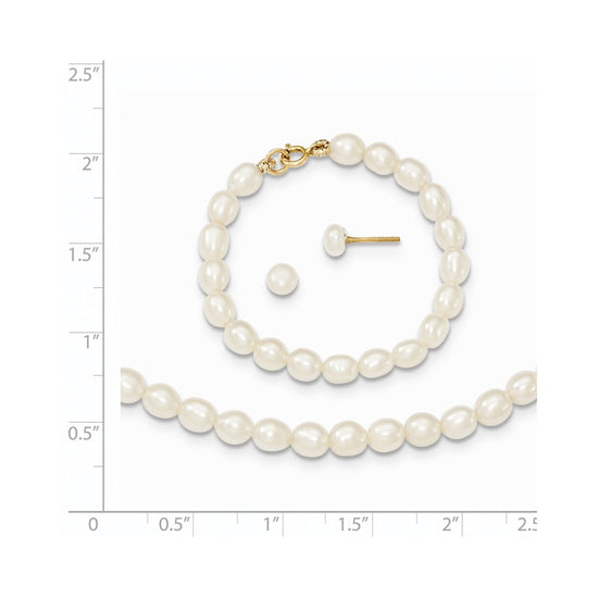 14k 3-5mm Semi-Round White Freshwater Cultured Pearl 12 inch Necklace / 4 inch Bracelet / Post Earrings 3-piece Set