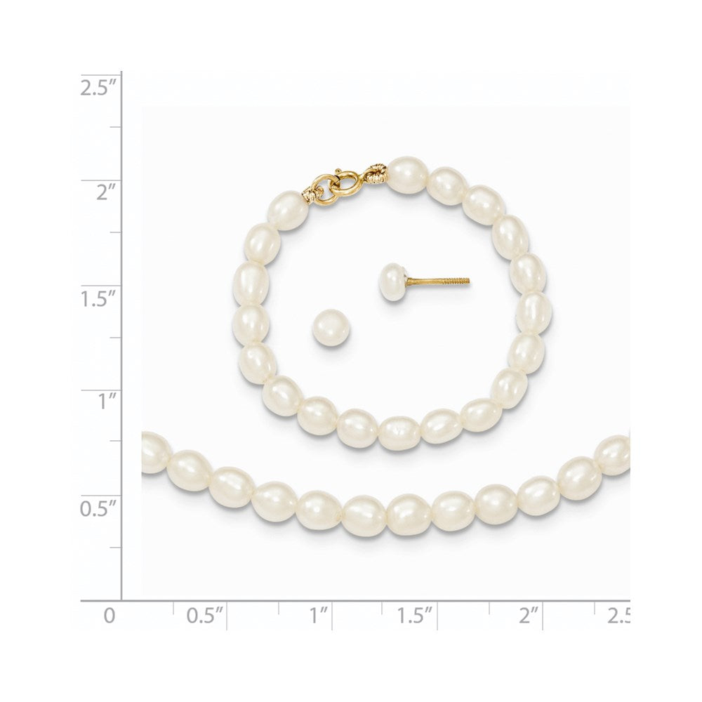 14k 3-5mm Semi-Round White Freshwater Cultured Pearl 12 inch Necklace / 4 inch Bracelet / Post Earrings 3-piece Set