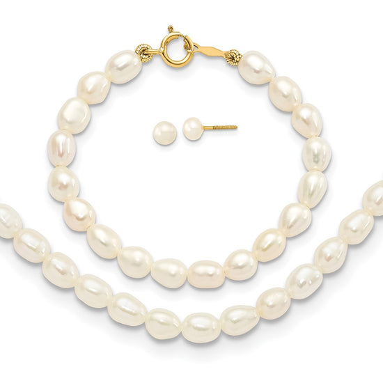 14k 3-5mm Semi-Round White Freshwater Cultured Pearl 12 inch Necklace / 4 inch Bracelet / Post Earrings 3-piece Set