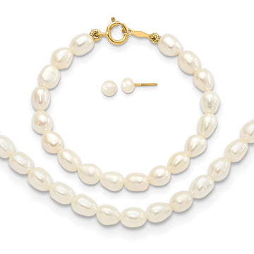 14k 3-5mm Semi-Round White Freshwater Cultured Pearl 12 inch Necklace / 4 inch Bracelet / Post Earrings 3-piece Set