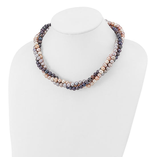 14k White Gold 6-7mm Pink/Gray/Black Near-Round Freshwater Cultured Pearl 3-Strand 18 inch Necklace