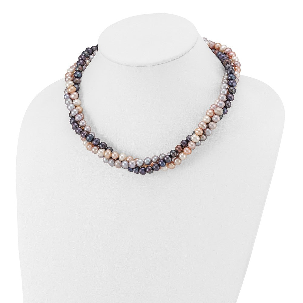 14k White Gold 6-7mm Pink/Gray/Black Near-Round Freshwater Cultured Pearl 3-Strand 18 inch Necklace