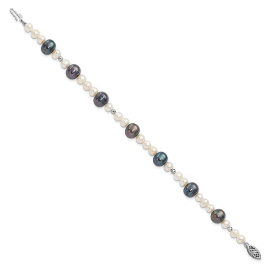 14k White Gold Black and White Semi-Round Freshwater Cultured and Mirror Bead 7.5 inch Bracelet