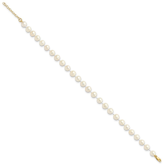 14k 6-7mm White Round Freshwater Cultured Pearl 7.25 inch with 1 Extender Bracelet/18 inch with 2 inch Extender Necklace/Button Earrings Set