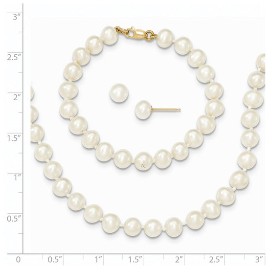 14k 5-6mm White Freshwater Cultured Pearl 14 inch Necklace / 5 inch Bracelet / Post Earrings 3-piece Set