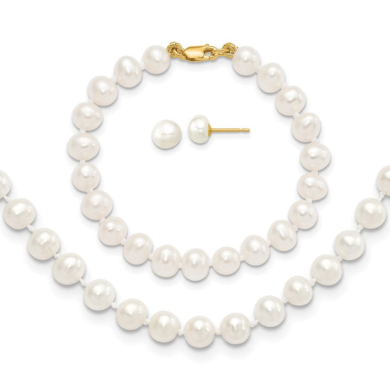 14k 5-6mm White Freshwater Cultured Pearl 14 inch Necklace / 5 inch Bracelet / Post Earrings 3-piece Set