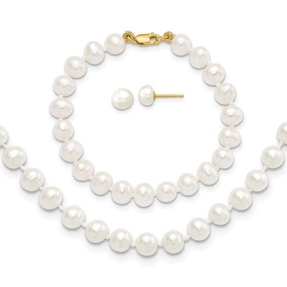 14k 5-6mm White Freshwater Cultured Pearl 14 inch Necklace / 5 inch Bracelet / Post Earrings 3-piece Set