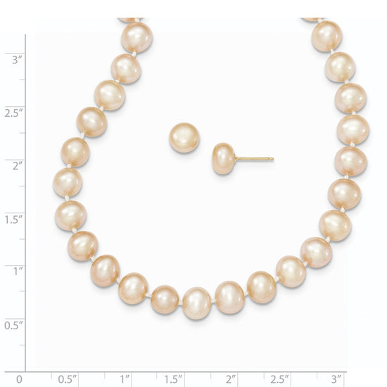 14k 7-8mm Pink Near-Round Freshwater Cultured Pearl 18 inch Necklace and Button Earring Set