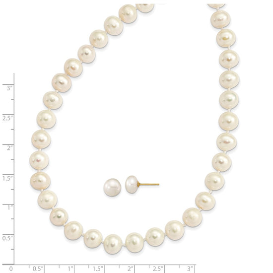 14k 7-8mm White Near-Round Freshwater Cultured Pearl 18 inch Necklace and Button Earrings Set
