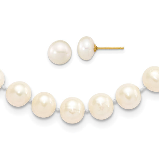 14k 7-8mm White Near-Round Freshwater Cultured Pearl 18 inch Necklace and Button Earrings Set