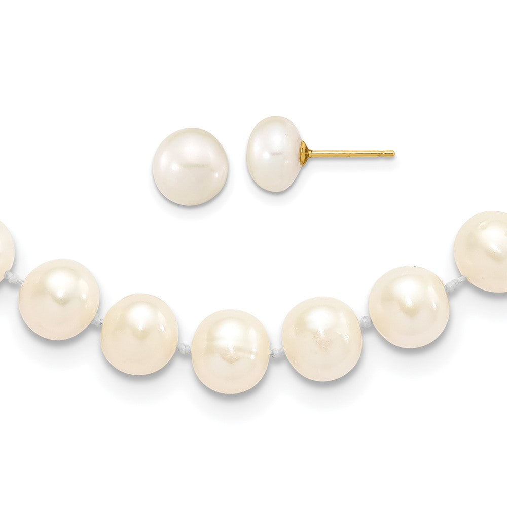 14k 7-8mm White Near-Round Freshwater Cultured Pearl 18 inch Necklace and Button Earrings Set