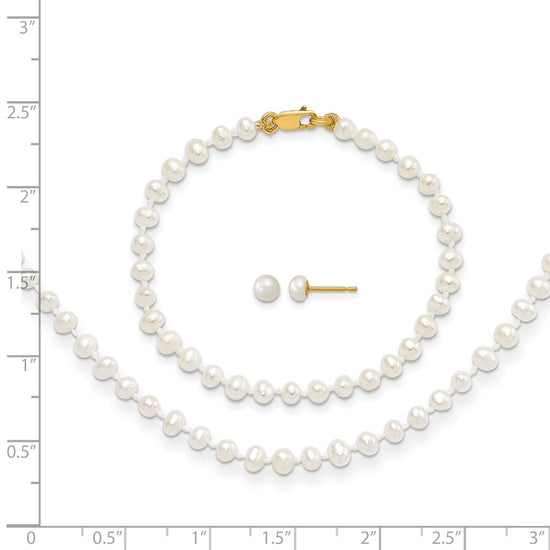 14k 3-4mm White Freshwater Cultured Pearl 14 inch Necklace / 5 inch Bracelet / Post Earrings 3-piece Set