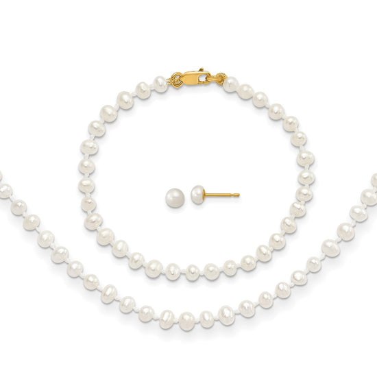 14k 3-4mm White Freshwater Cultured Pearl 14 inch Necklace, 5 inch Bracelet and Post Earrings Set