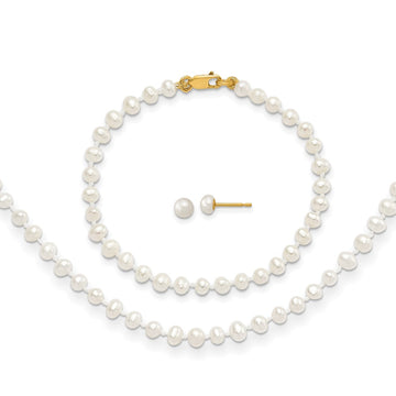 14k 3-4mm White Freshwater Cultured Pearl 14 inch Necklace, 5 inch Bracelet and Post Earrings Set