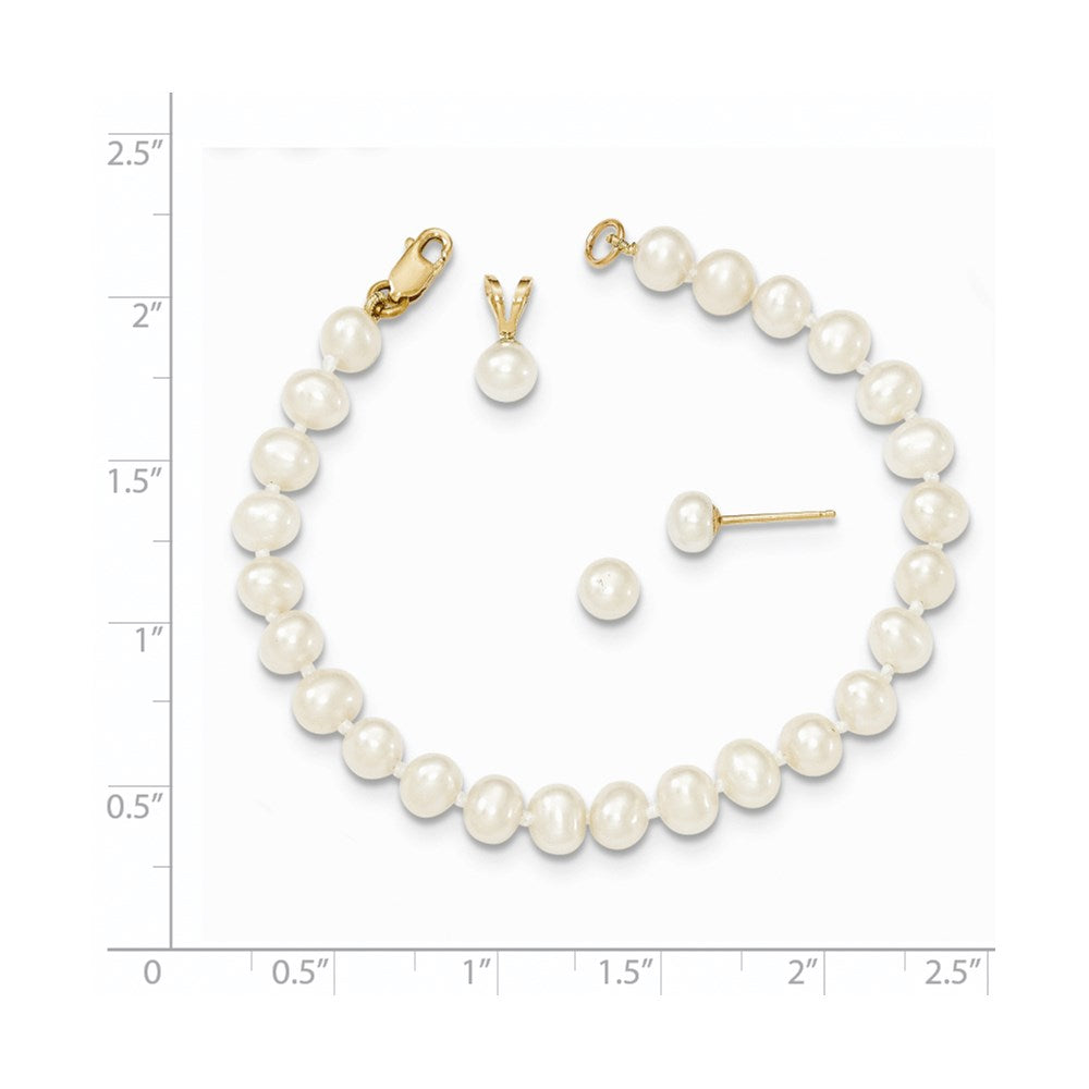 14k 4-5mm White Freshwater Cultured Pearl Pendant, 5 inch Bracelet and Post Earrings Set
