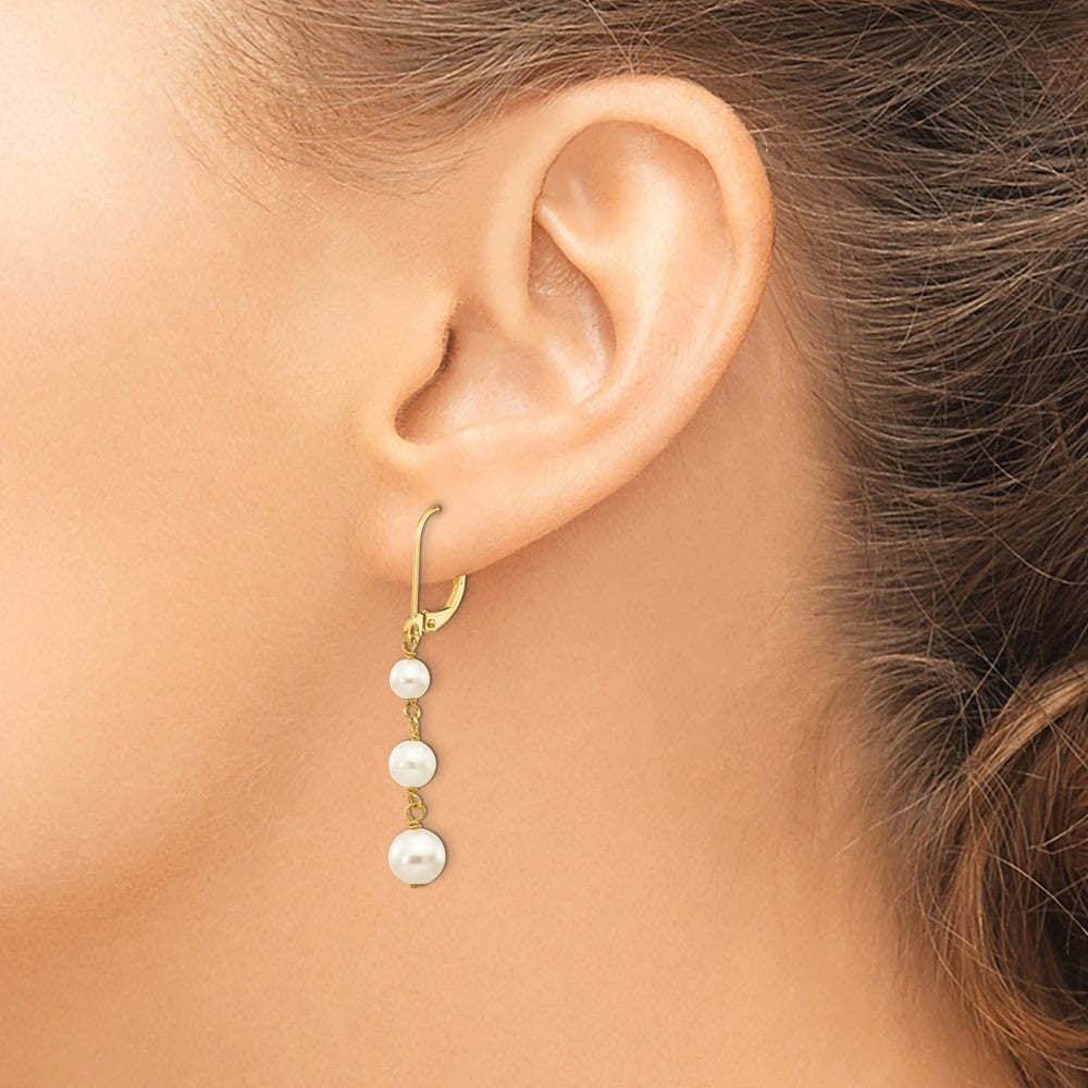 14k 4-6mm White Semi-round Freshwater Cultured Pearl Dangle Leverback Earrings