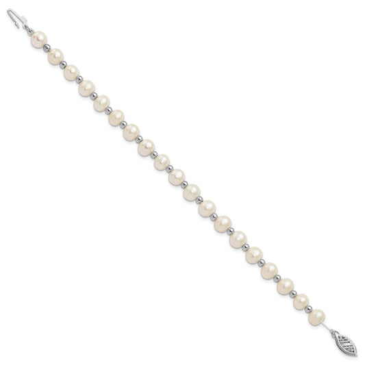 14k White Gold 6-7mm White Near-Round Freshwater Cultured Pearl Beaded 7 inch Bracelet