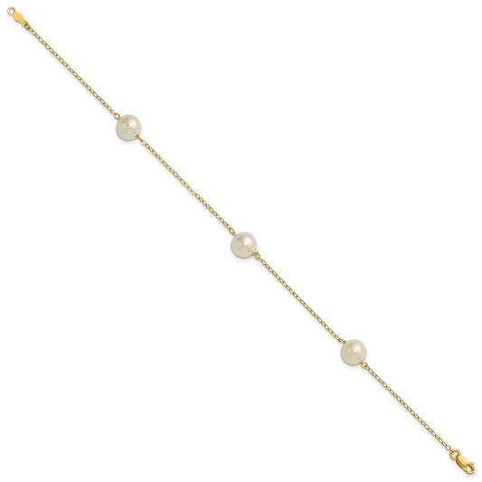14k 7-8mm White Near-Round Freshwater Cultured Pearl 3-Station 7.25 inch Bracelet