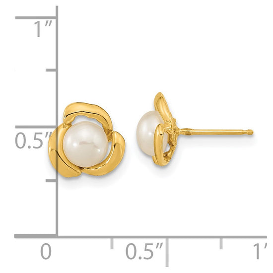 14k 5-6mm White Button Freshwater Cultured Pearl Flower Post Earrings