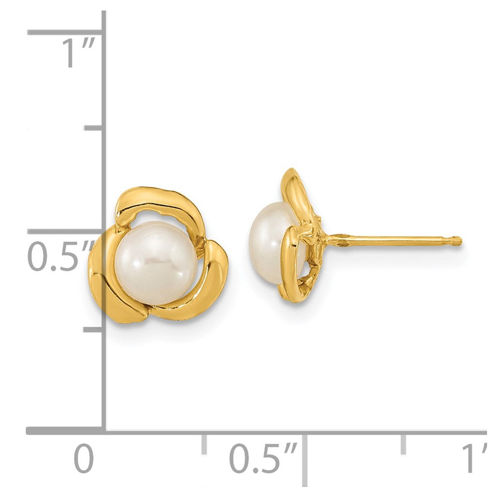 14k 5-6mm White Button Freshwater Cultured Pearl Flower Post Earrings