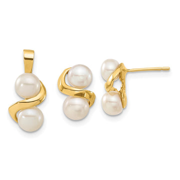 14k 5-6mm White Button Freshwater Cultured Pearl Post Earrings and Pendant Set