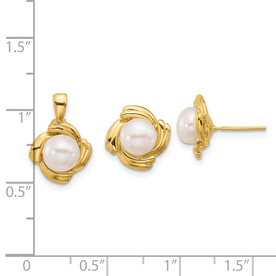 14k 6-7mm White Button Freshwater Cultured Pearl Post Earrings and Pendant Set